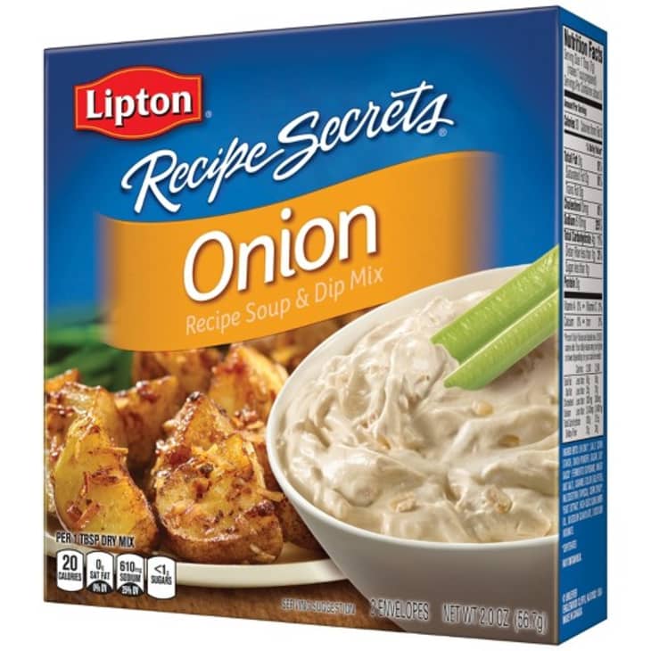 Lipton Recipe Secrets Onion Soup & Dip Mix box with roasted potatoes and creamy dip.