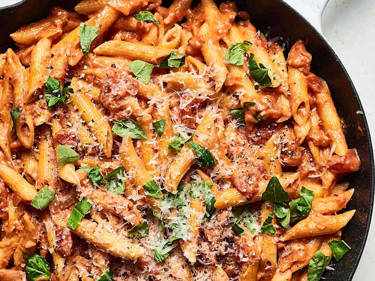Creamy penne pasta with fresh basil, grated cheese, and black pepper in a skillet.