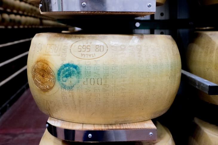 Aging wheel of Parmigiano Reggiano cheese on a wooden shelf in a storage facility.