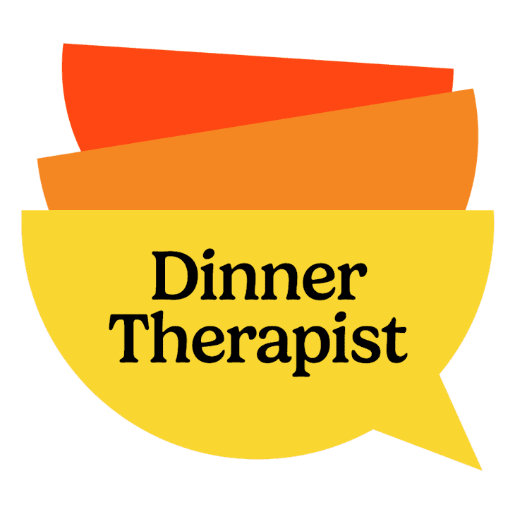 Stacked speech bubbles in red, orange, and yellow with "Dinner Therapist" text.