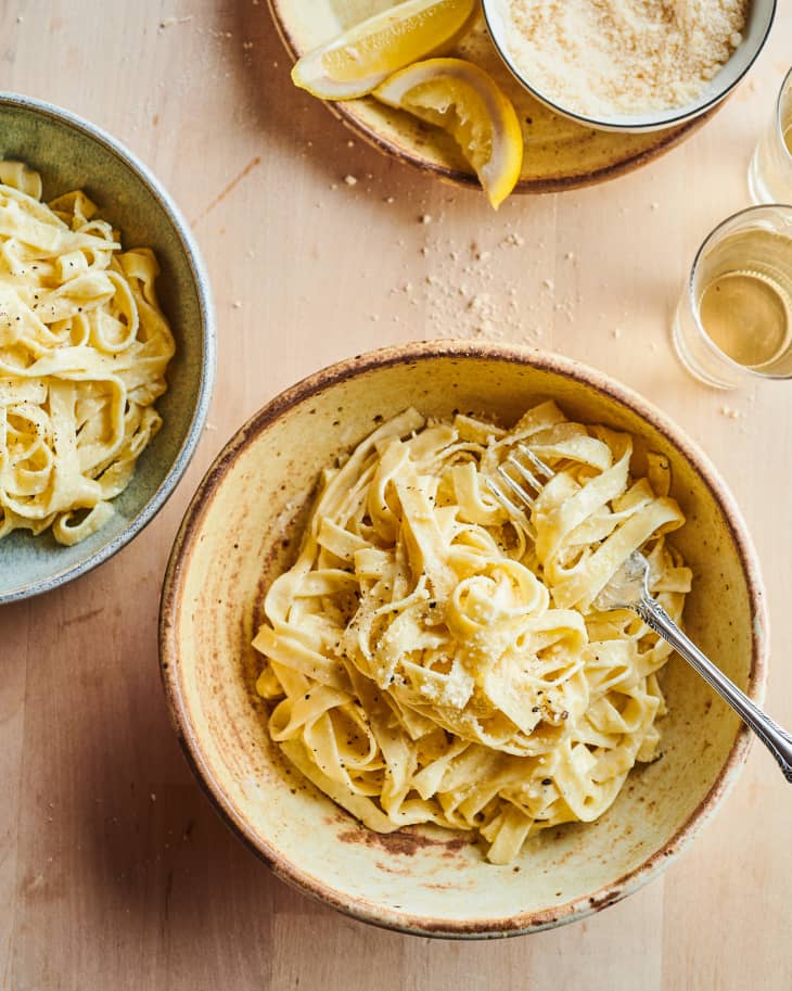 Pasta al limone in a bowl with fork
