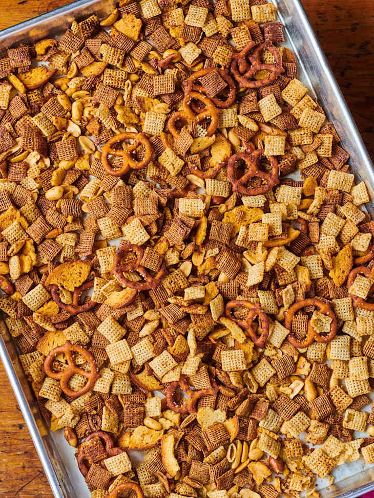 Chex mix on a sheet pan