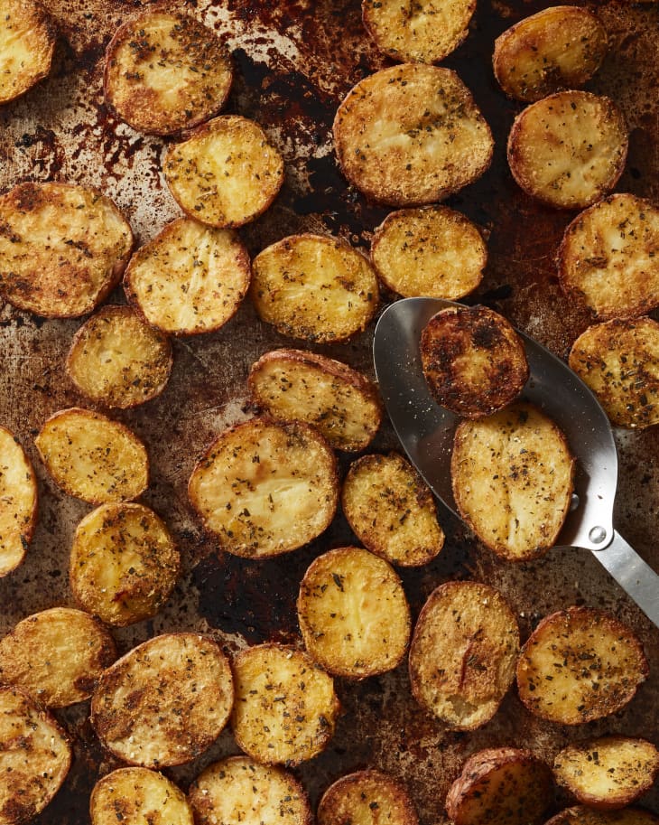 Close up of oven roasted potatoes on sheet pan