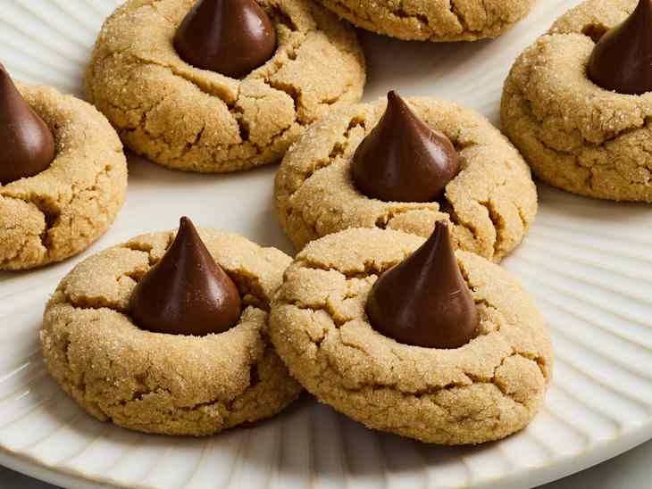 angled shot of peanut butter blossoms on a white plate