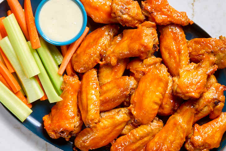 overhead shot of buffalo wings on a dark blue plate with carrot and celery sticks, with a small cup of ranch.
