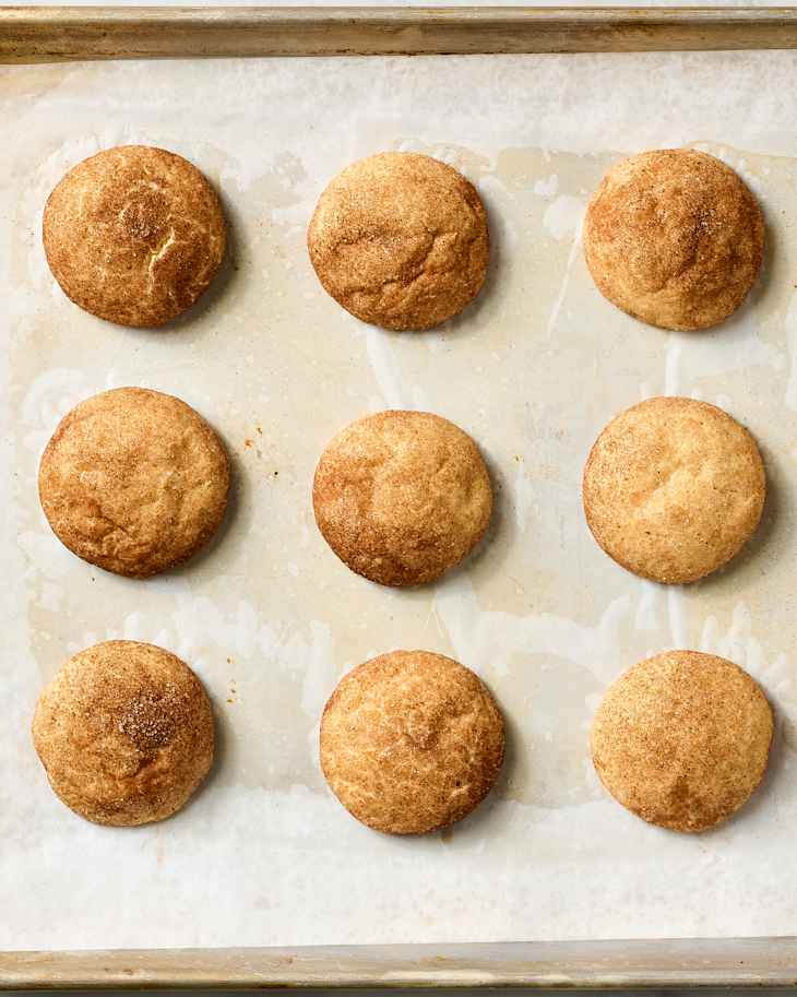 Nine golden-brown snickerdoodle cookies arranged on a baking sheet with a light, textured surface.