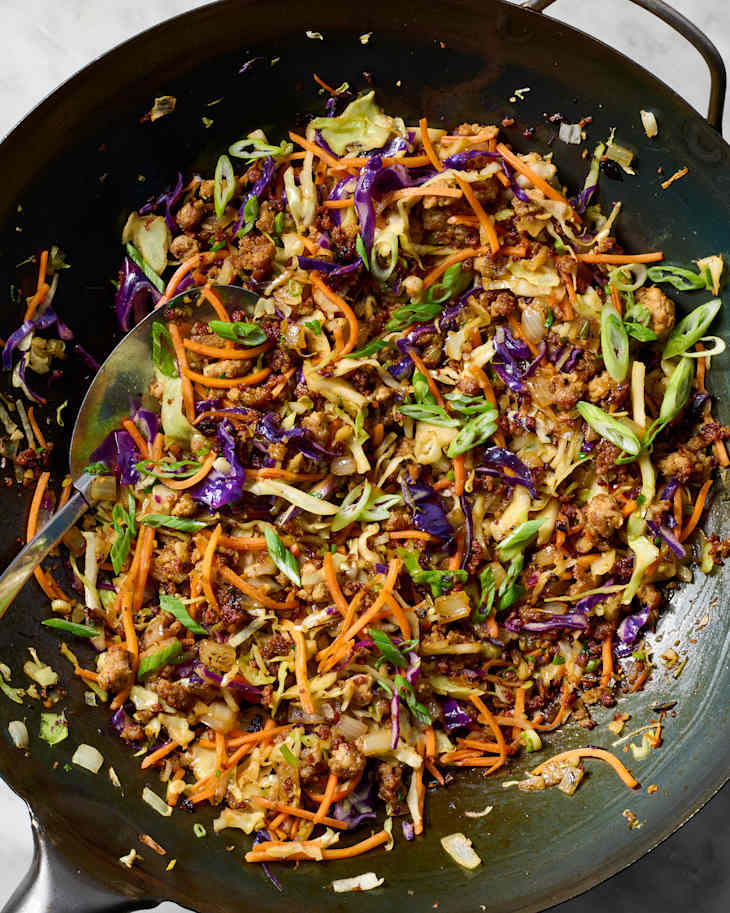 overhead shot of stir fry in a wok
