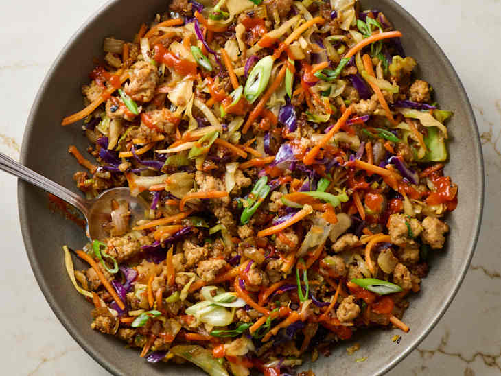 overhead shot of stir fry in a bowl