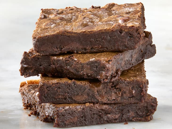 head on shot of four brownies stacked on top of each other