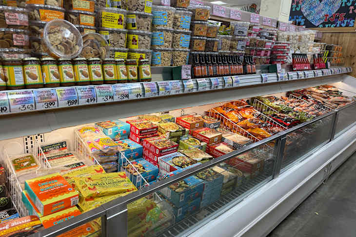 Green chicken chile bowl in frozen aisle at trader joe's