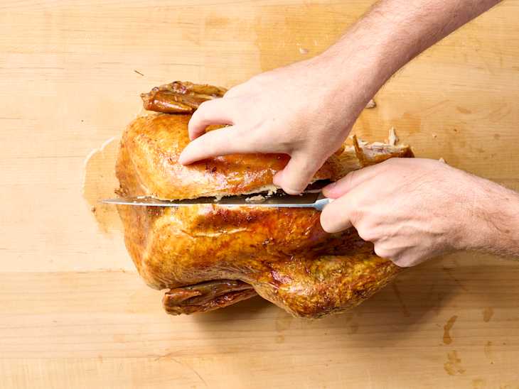 overhead shot of a turkey getting carved