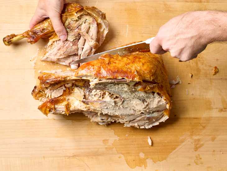 overhead shot of a turkey getting carved