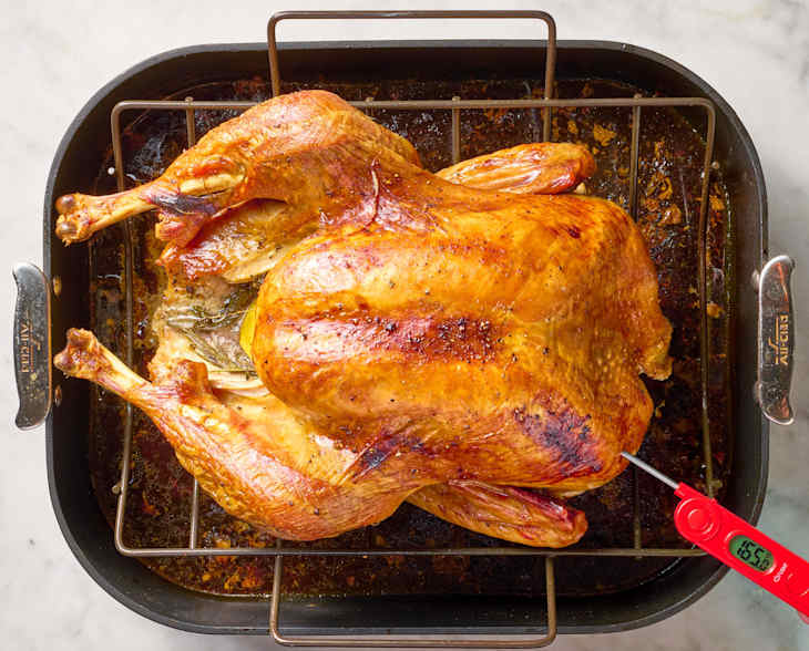 overhead shot of a whole cooked turkey in the pan with a red meat thermometer that reads 165 degrees stuck in the side of it