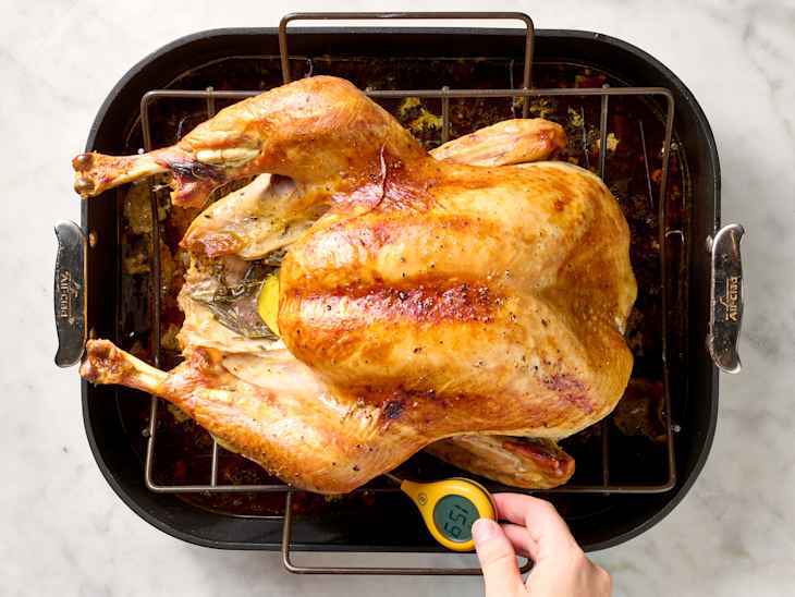 overhead shot of an almost finished turkey in the pan, with a meat thermometer that reads 159 degrees