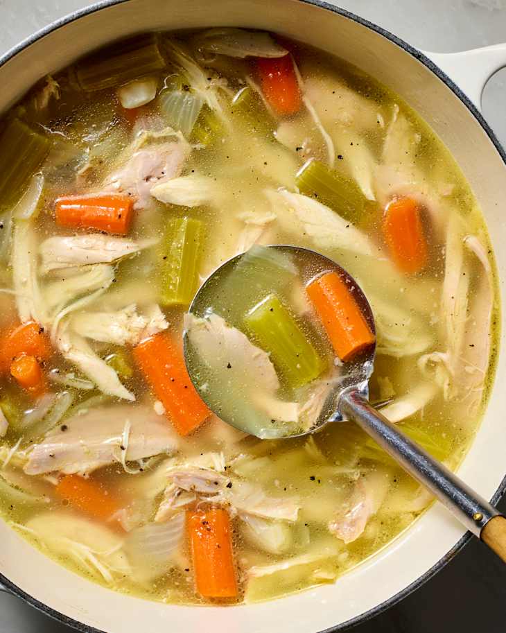 overhead shot of chicken soup in a pot