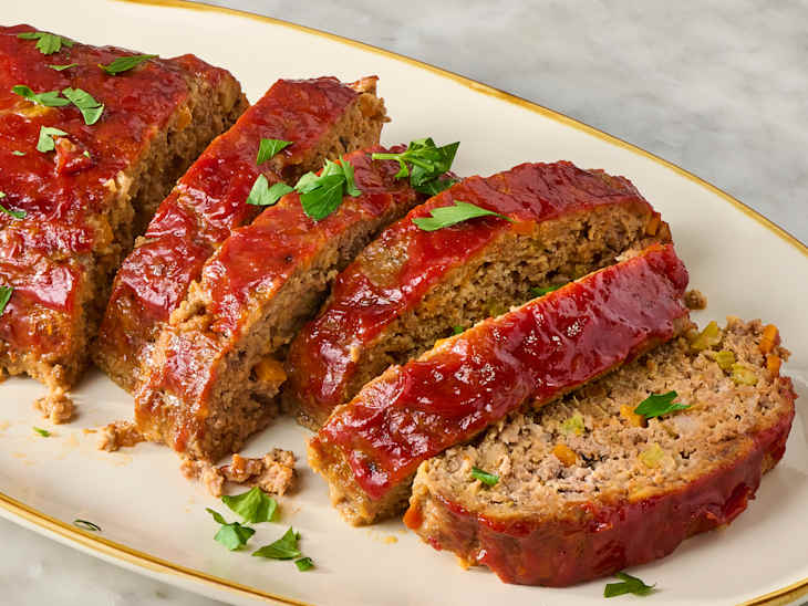 Sliced meatloaf topped with a glossy glaze, garnished with parsley on a white platter.