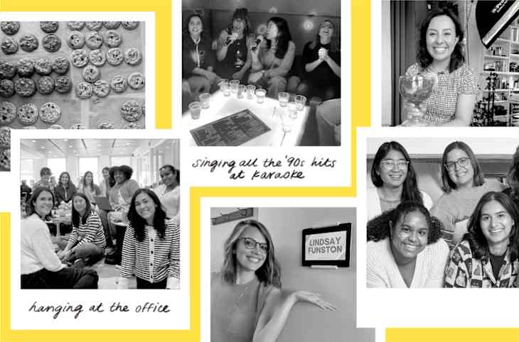 Collage of coworkers baking, socializing, and celebrating together.