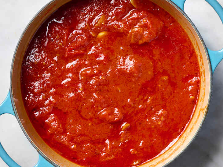 overhead shot marinara in a large pot