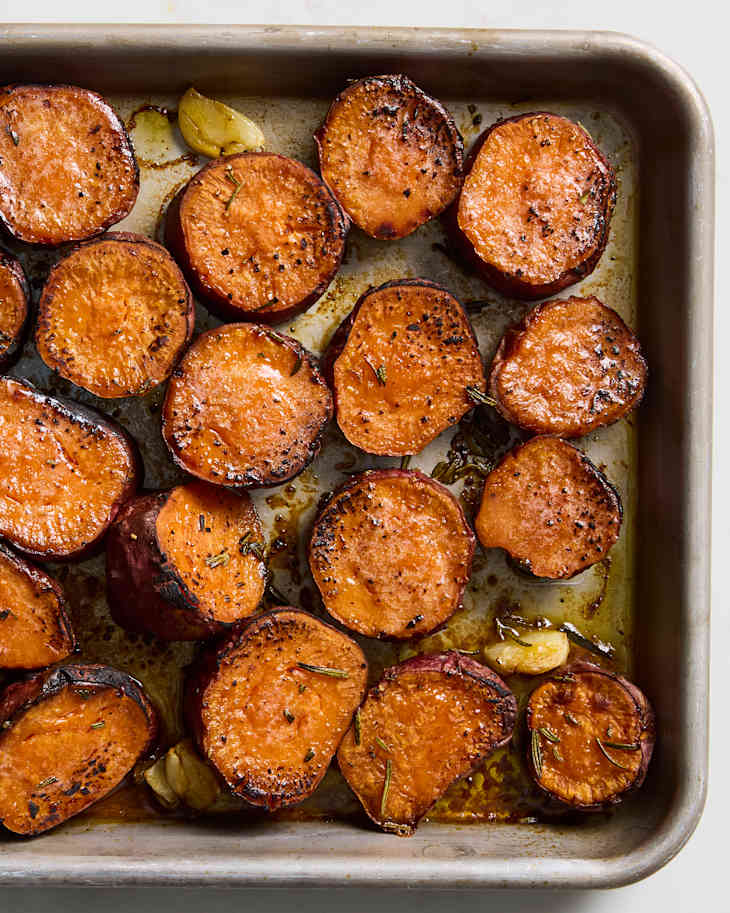 melting sweet potatoes on sheet pan