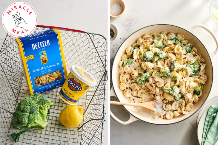 Orecchiette pasta with broccoli and ricotta in a pot, next to ingredients: pasta box, ricotta tub, broccoli, and lemon.