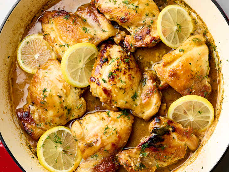 overhead shot of one pot lemon dill chicken in a cast iron