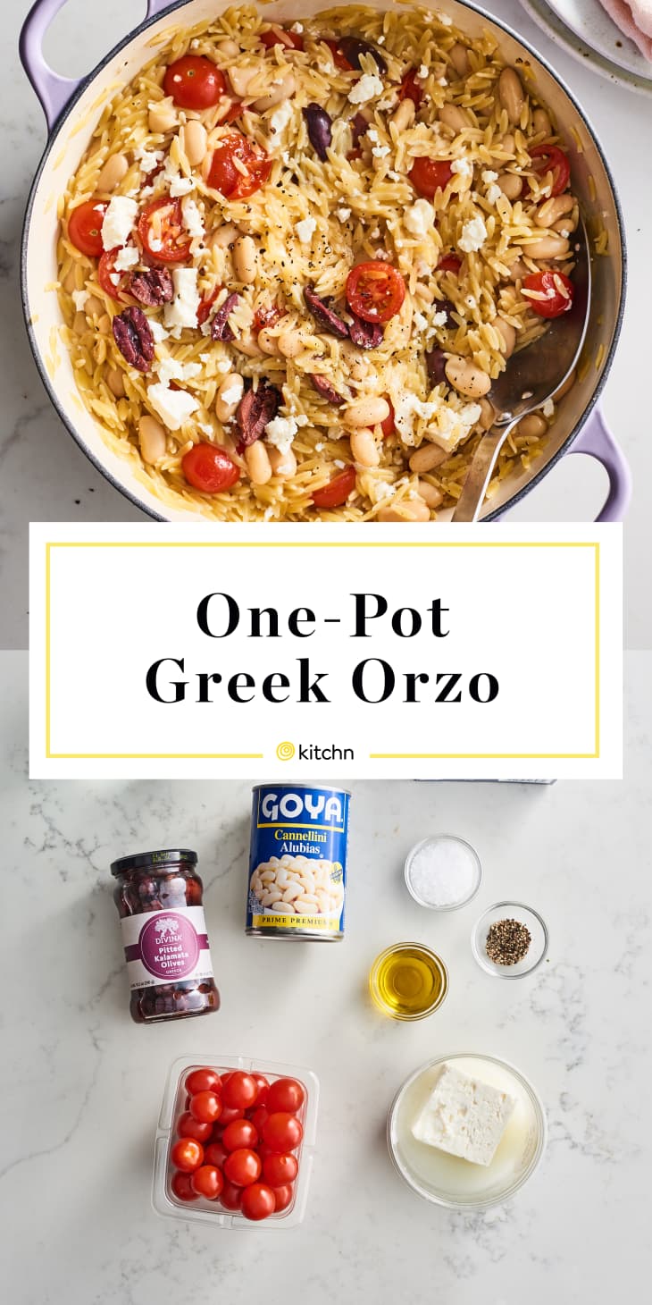 Pot of orzo with cherry tomatoes, white beans, feta, and olives; ingredients displayed below.