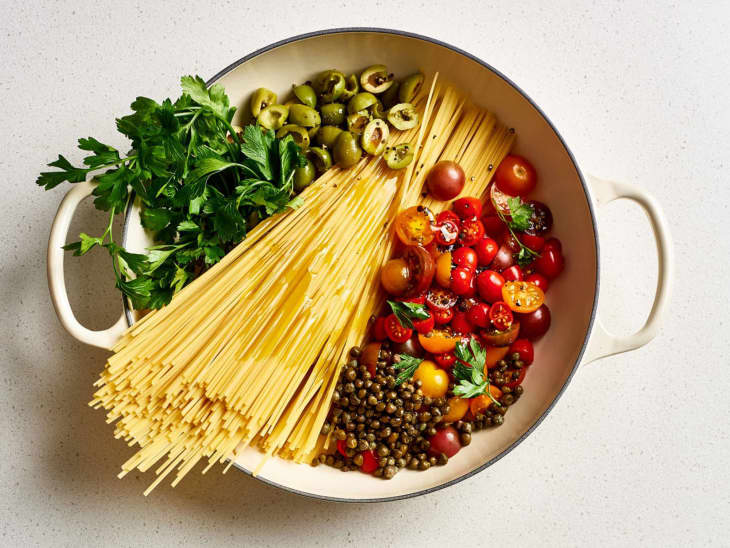 pasta ingredients in pot before cooking