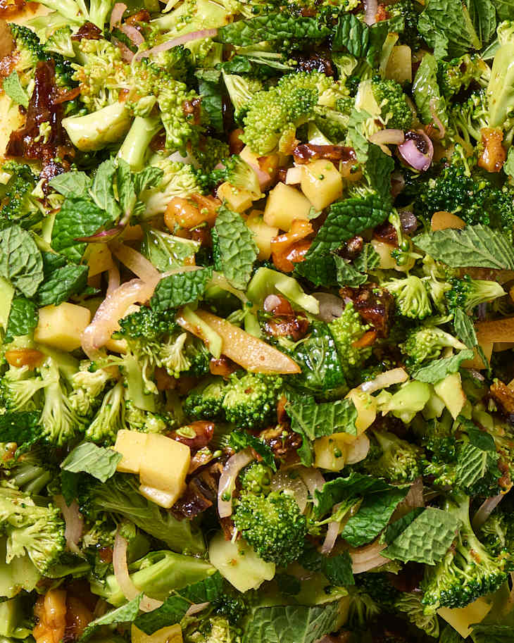 Chopped broccoli salad in a bowl close up