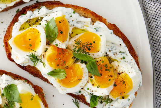 Smashed Egg Toasts with Herby Lemon Yogurt